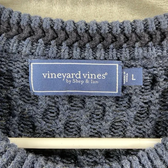Vineyard Vines Sweater men's Large Chunky Knit Merino Wool Cotton Crew Neck Blue - Picture 4 of 11